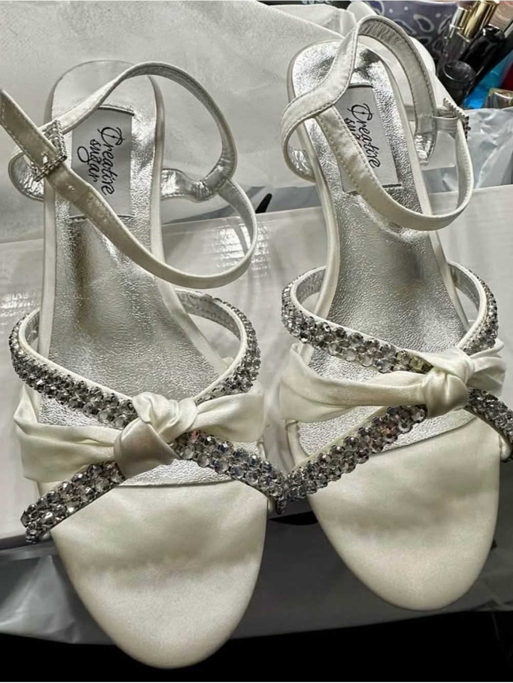 White Satin Evening Sandals with Rhinestone Straps